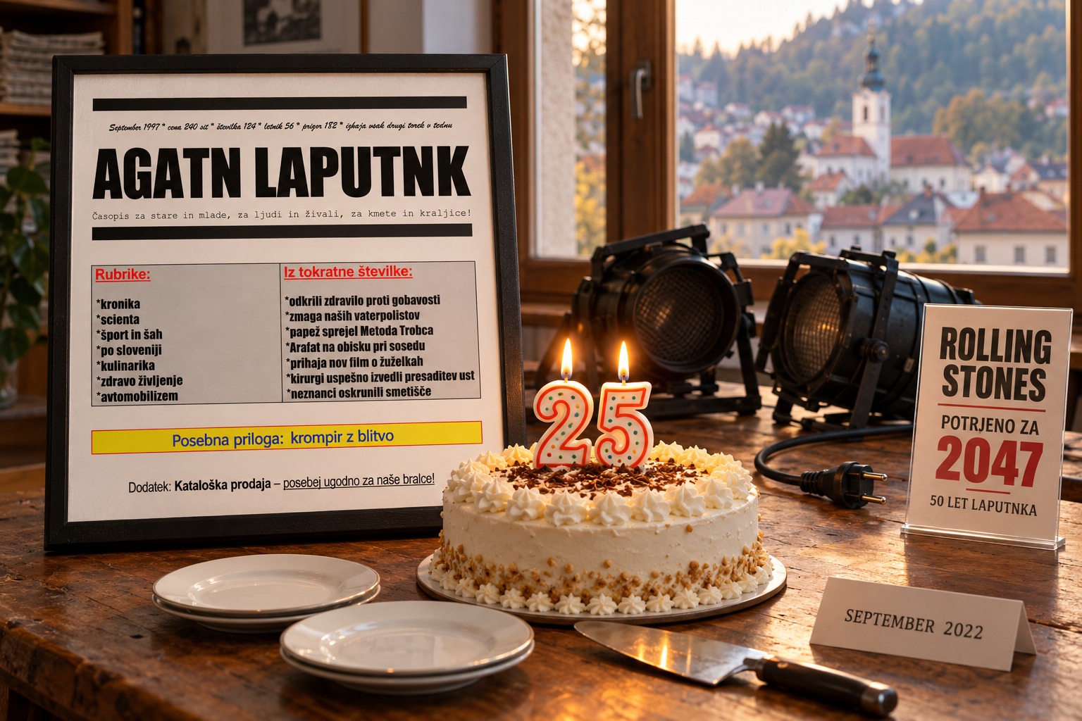 Torta s svečkama za 25 let Laputnka ob uokvirjeni tiskani izdaji in napovedi nastopa Rolling Stonesov leta 2047.