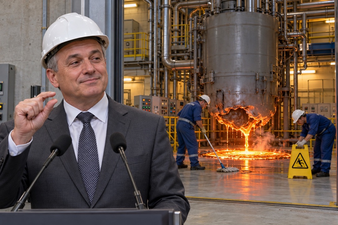 Predstavnik elektrarne pomirja javnost, medtem ko delavci v ozadju odpravljajo manjšo okvaro.